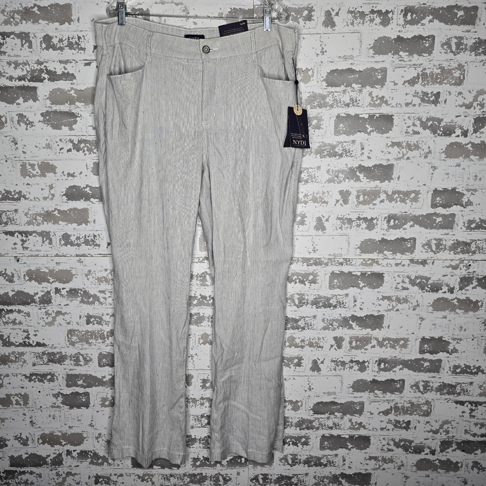 NEW NYDJ Pants Womens 14W Light Gray The Trouser Stubby Stripe‎ Linen Blend